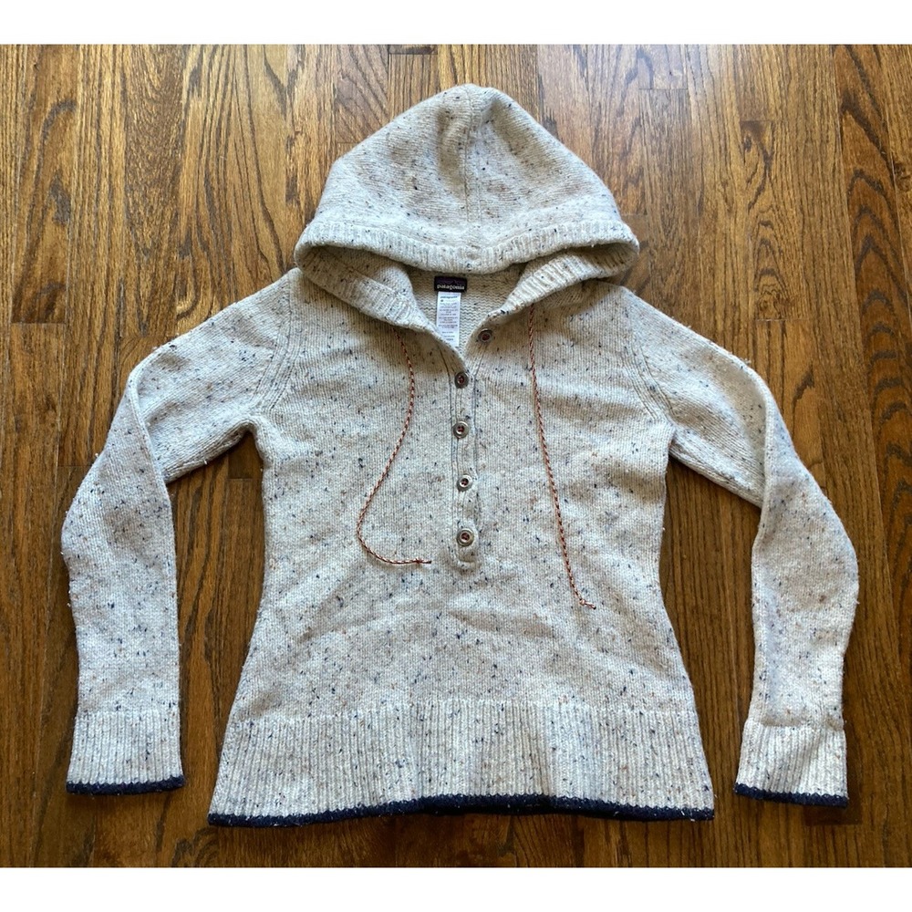 Patagonia Ranchito Hooded Sweater Womens Large Wool Blend Knit Oatmeal Speckled